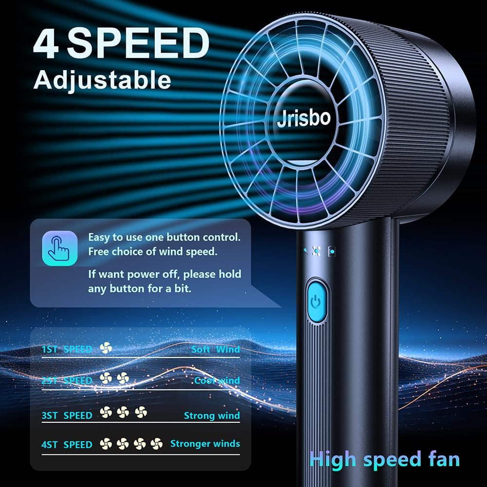 JRISBO Portable Handheld Fan – 4-Speed High-Power Cooling, 2600mAh USB-C Rechargeable | Ultra-Quiet & Lightweight for Travel, Office, Outdoors (Free Neck Lanyard!)