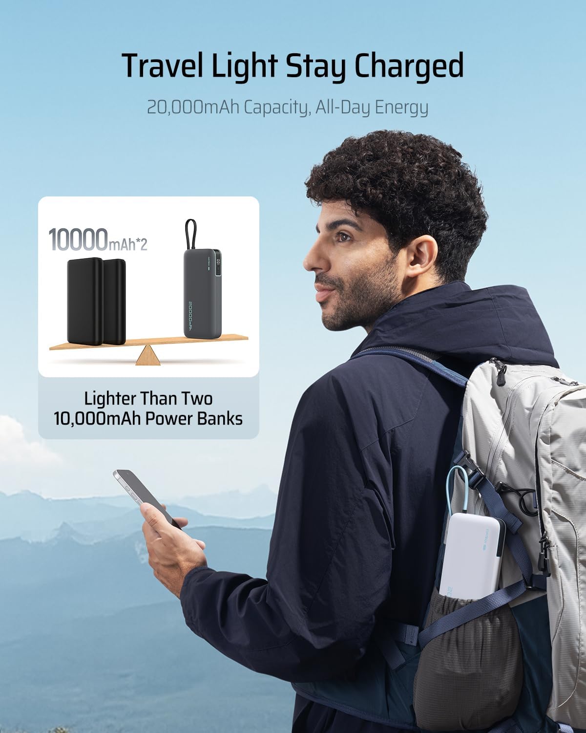 CUKTECH 20K Power Bank 45W: Built-In USB-C Cable (Gray)