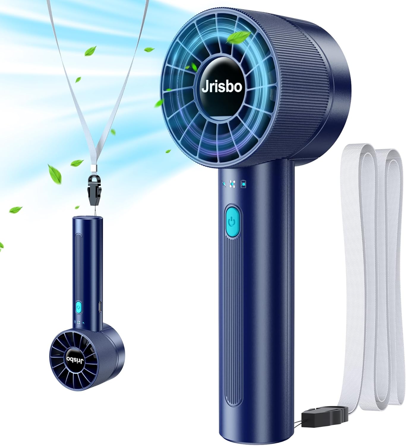 JRISBO Portable Handheld Fan – 4-Speed High-Power Cooling, 2600mAh USB-C Rechargeable | Ultra-Quiet & Lightweight for Travel, Office, Outdoors (Free Neck Lanyard!)