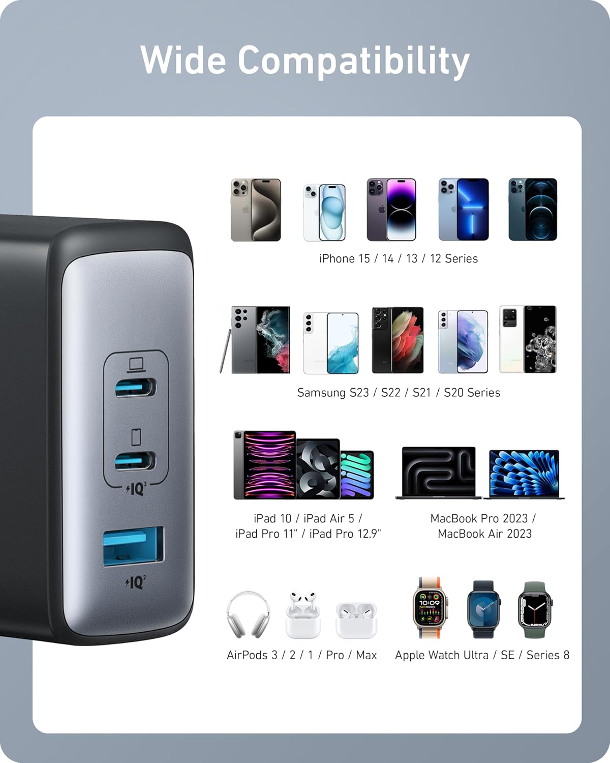 Anker 100W Nano Charger | 3-Port GaN II Wall Charger