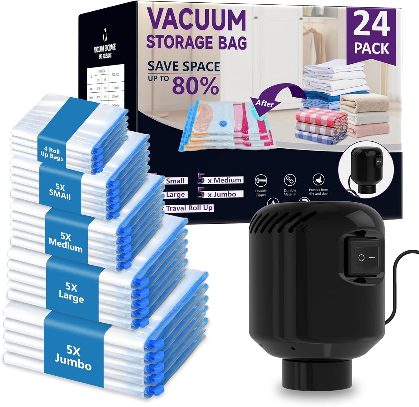 Electric Vacuum Storage Bags w/Pump - 6/8/10/24 Pack