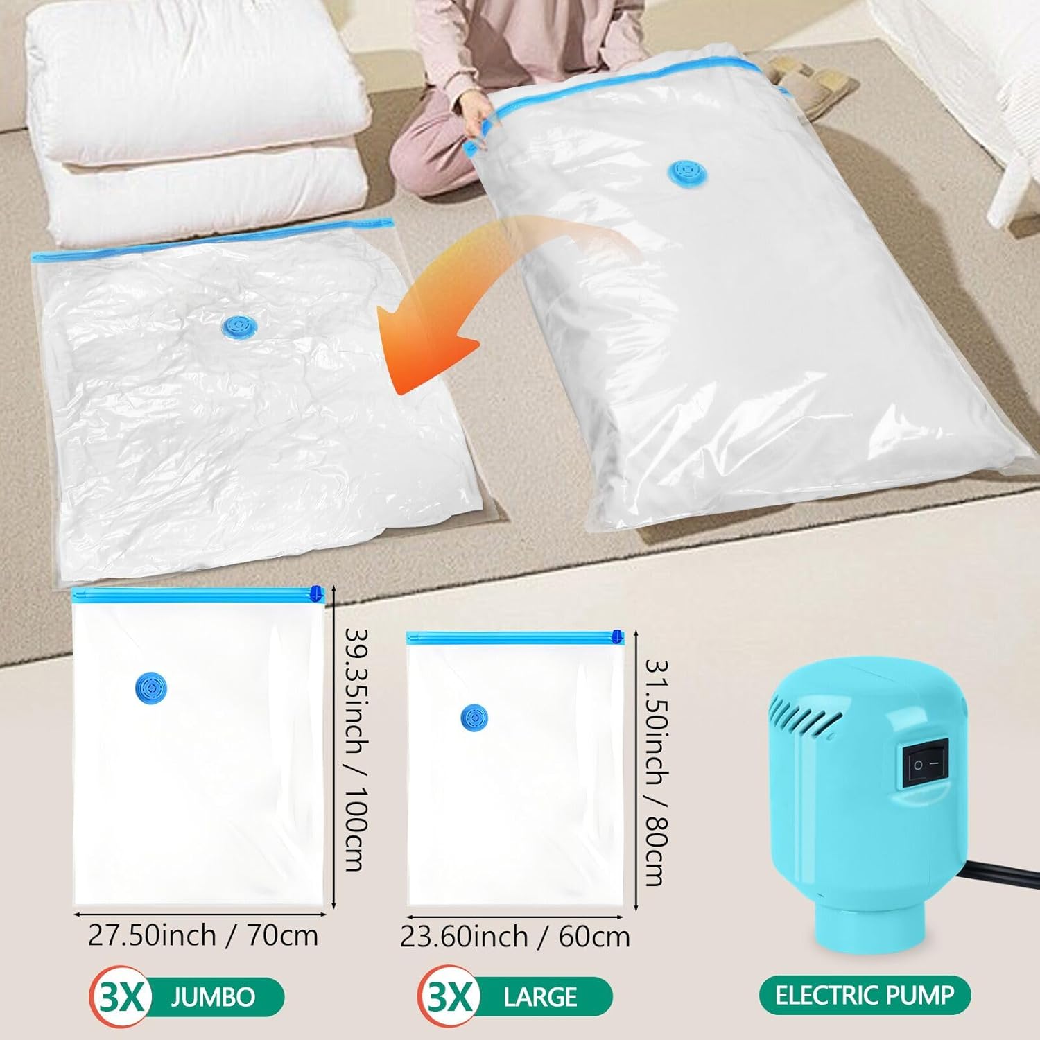 Electric Vacuum Storage Bags w/Pump - 6/8/10/24 Pack