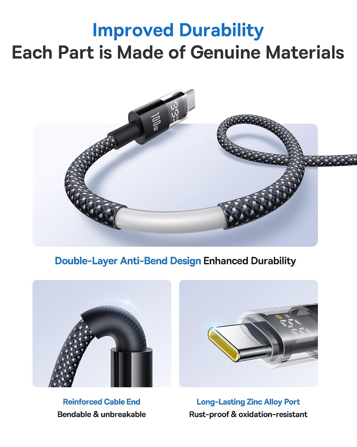 Baseus USB C Cable 100W 5A Fast Charging LED Display Braided 3.3ft