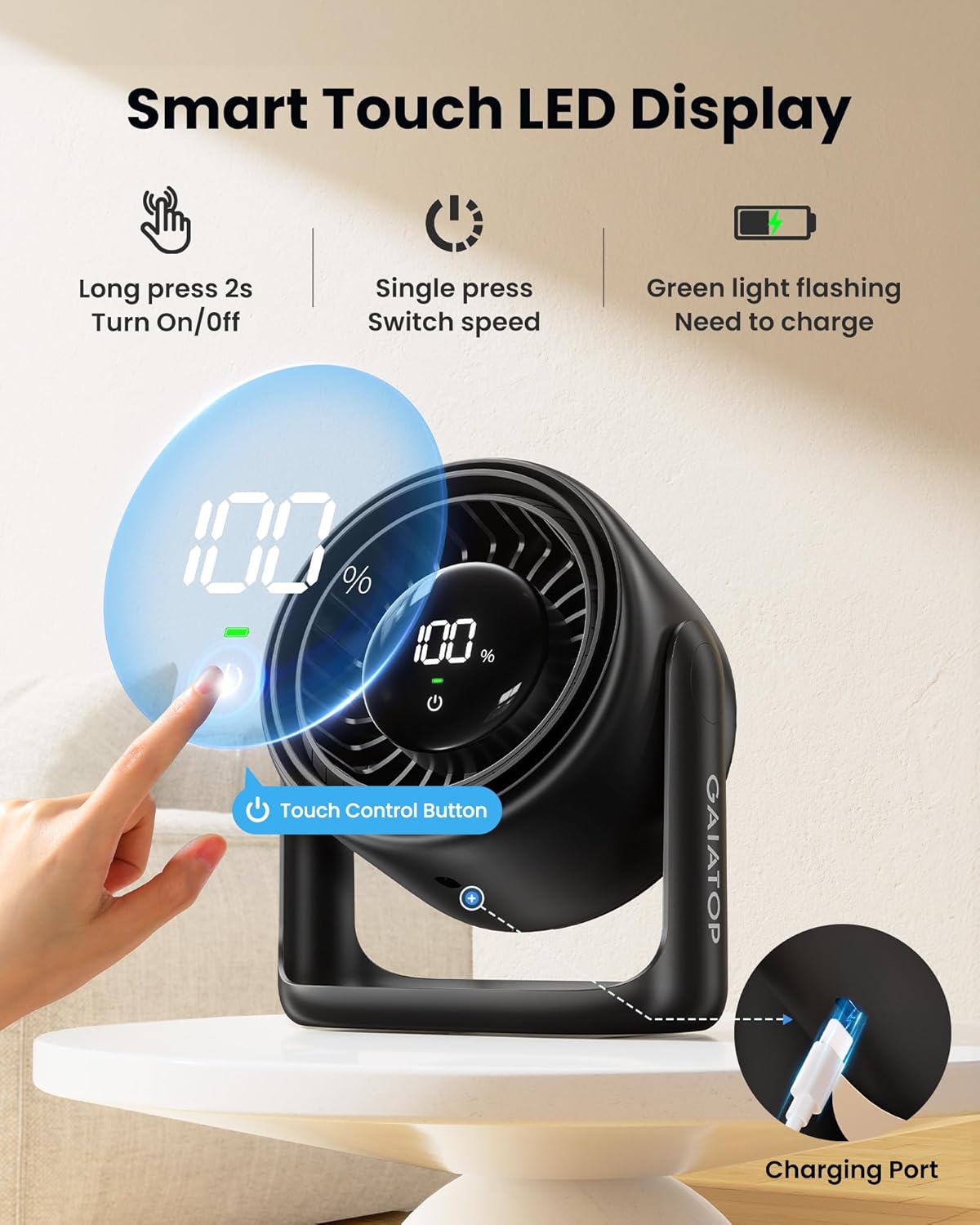 Gaiatop 7.7" Ultra-Quiet Desk Fan – 5-Speed Touch Control, 4000mAh Battery, 90° Adjustable – Perfect for Office, Bedroom & Travel (Black/Pink/Beige) – Sleep & Work in Peace!