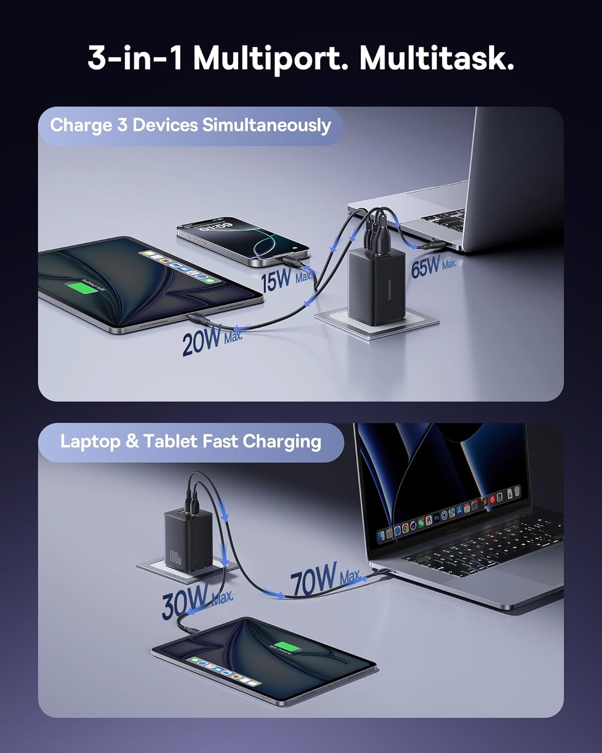 Baseus 100W USB C Charger 3-Port Foldable Fast Charging GaN