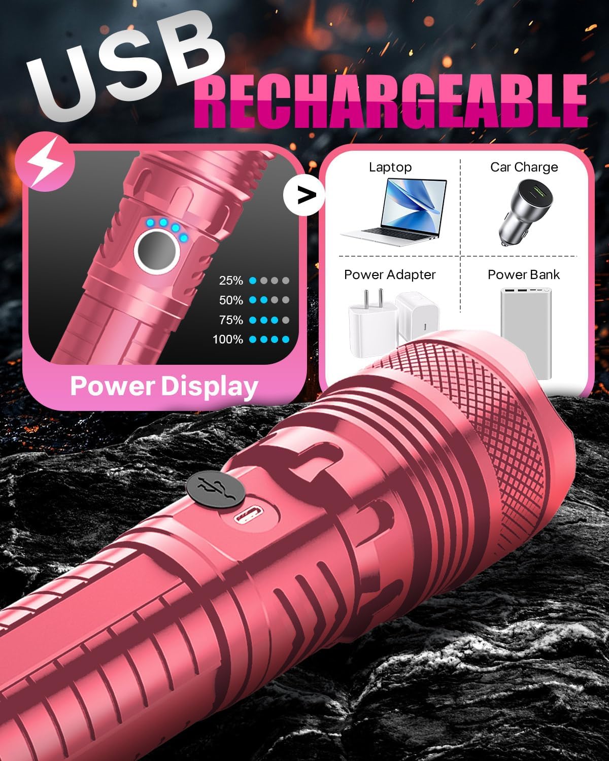Color Tactical Flashlight - Rechargeable, Zoomable, 5 Modes, USA Stock