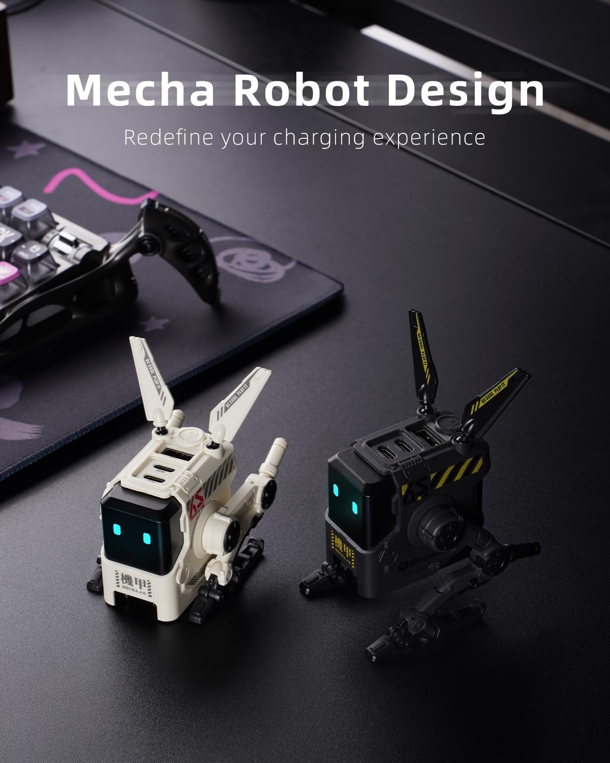 Unleash Power and Style with the 65W Alpha65 Robot Fast Charger - 3-Port Foldable USB C Charger for iPhone, MacBook, iPad, and More!