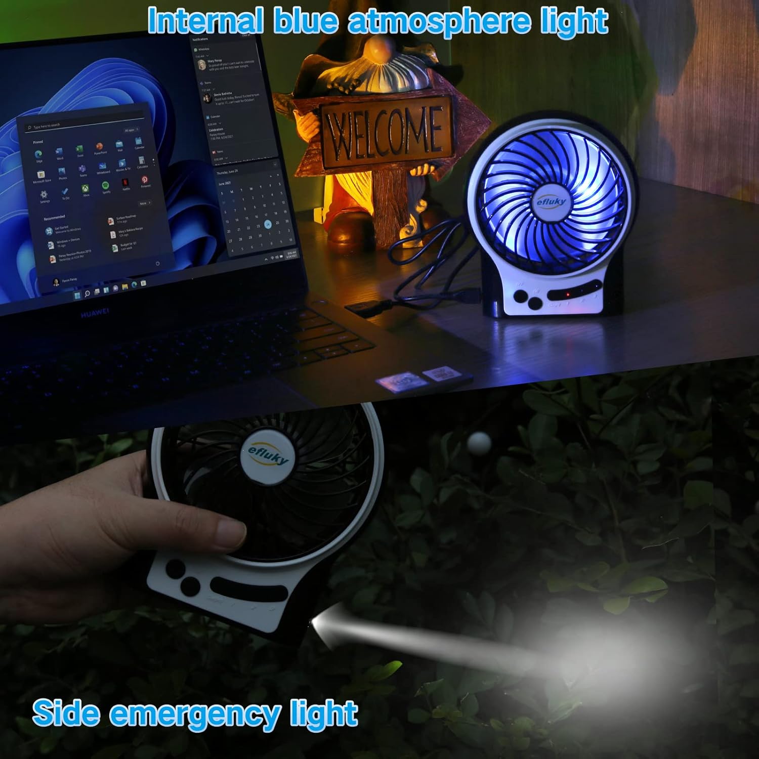 Mini Desk Fan with LED Light & Flashlight – 3-Speed USB Rechargeable, Ultra-Quiet Portable Fan for Office, Travel, Camping – 4.9 Inch (Black, Blue, Pink, White) – Cool Anywhere!