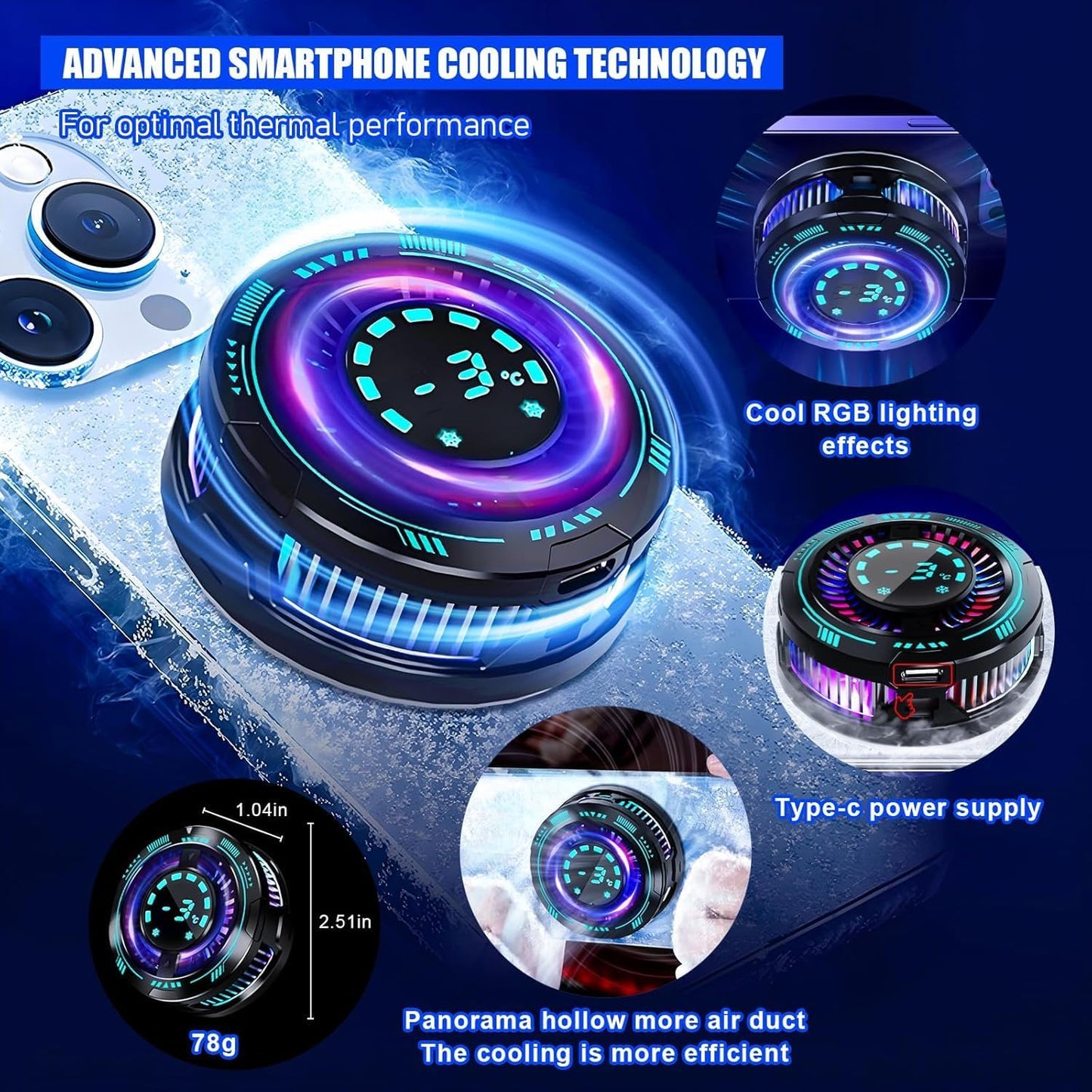 Phone Cooler with LED Temp Display - 15W Semiconductor Gaming Fan