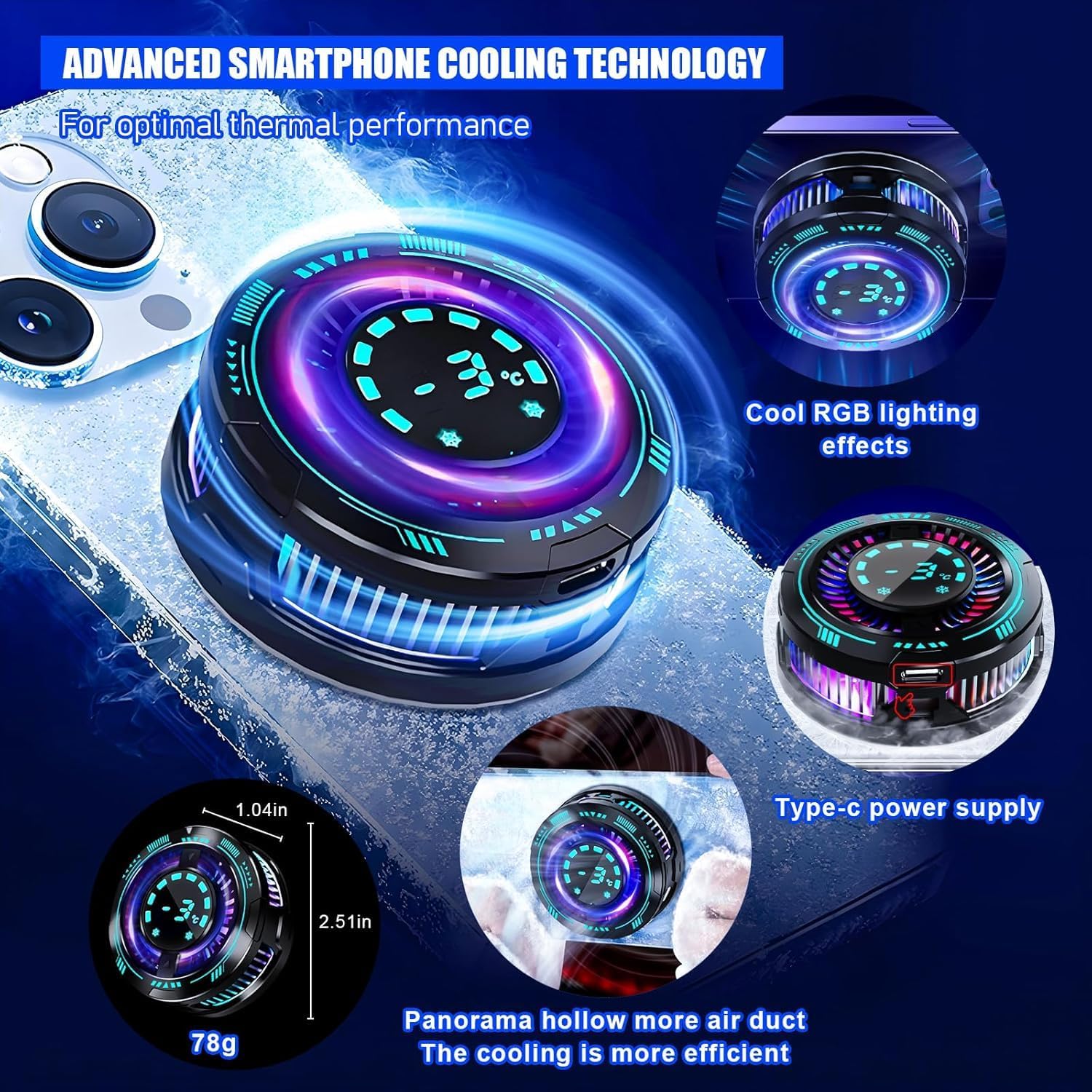 Phone Cooler with LED Temp Display - 15W Semiconductor Gaming Fan