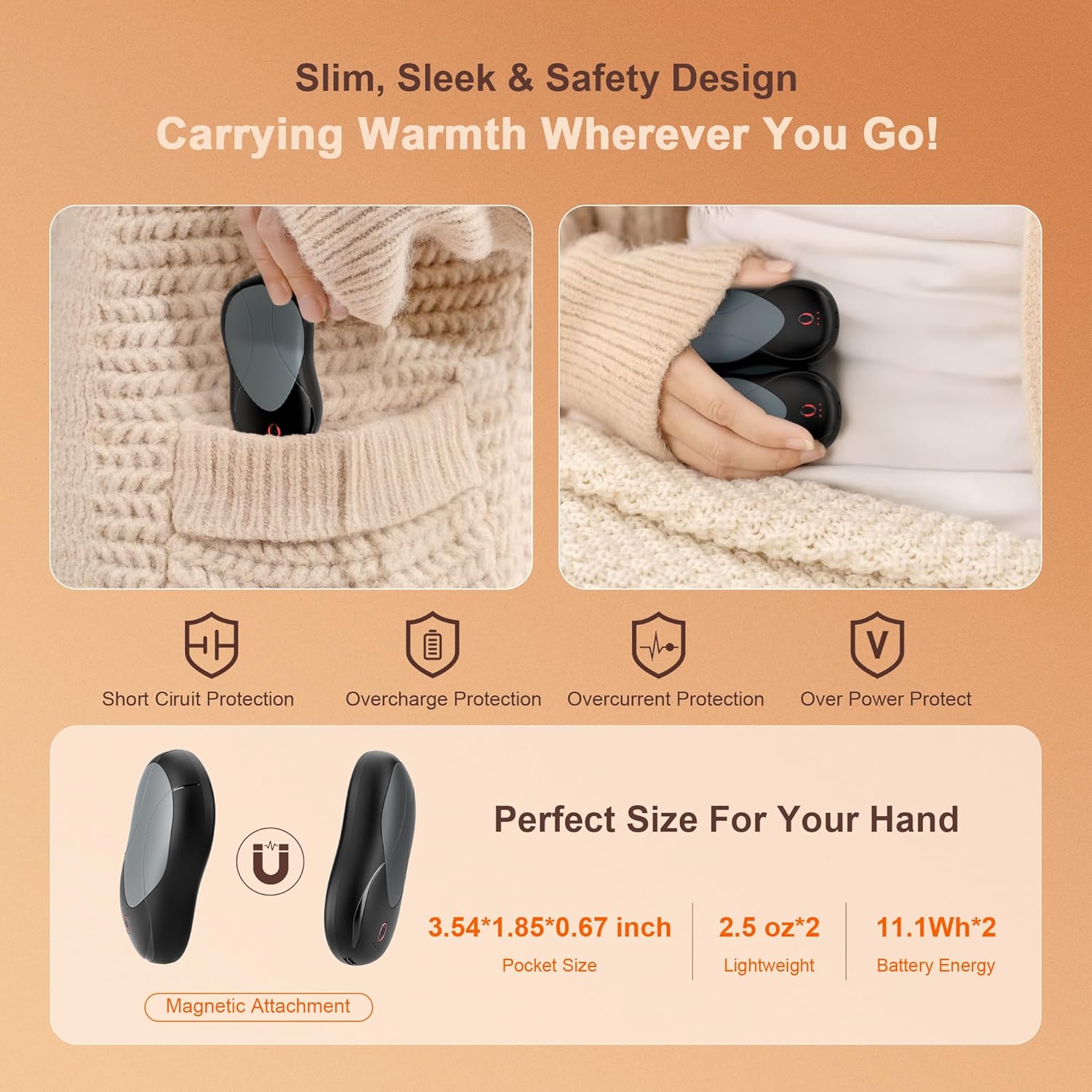 Rechargeable Hand Warmers 2-Pack – 3 Heat Settings, 6000mAh, Portable