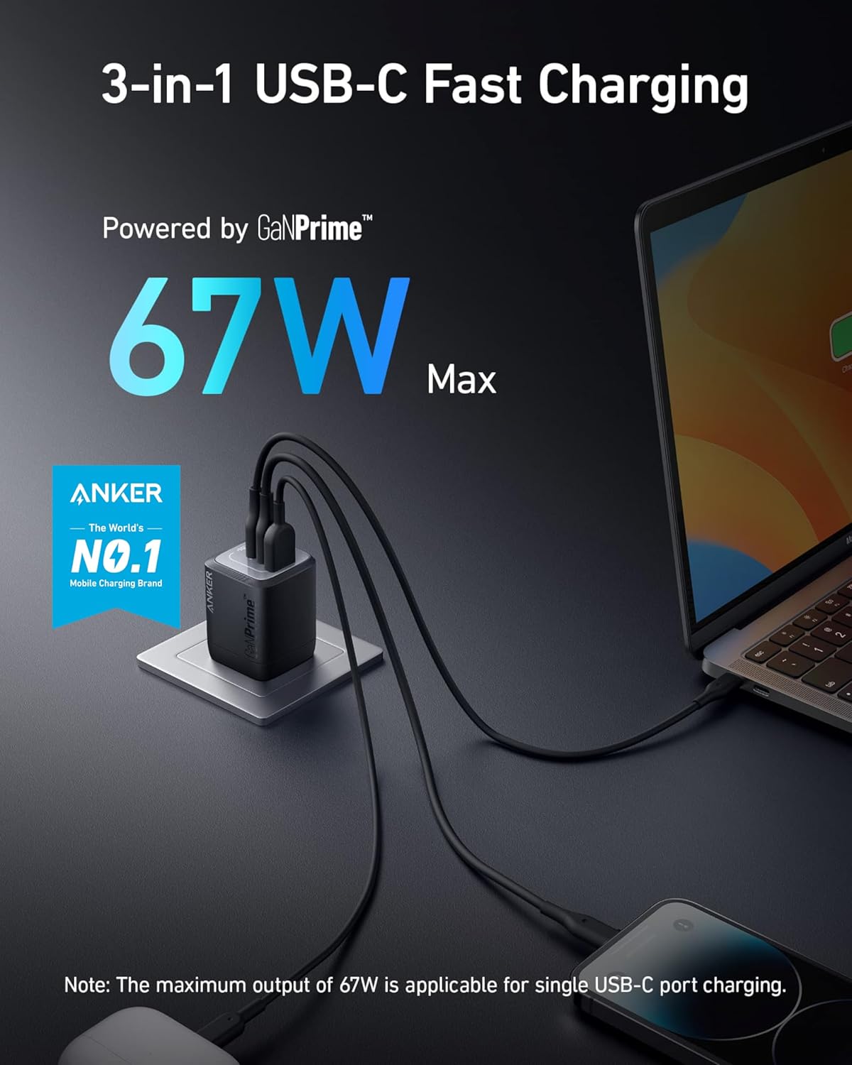  Anker Prime 67W GaN Charger: 3-Port Compact for MacBook & iPhone