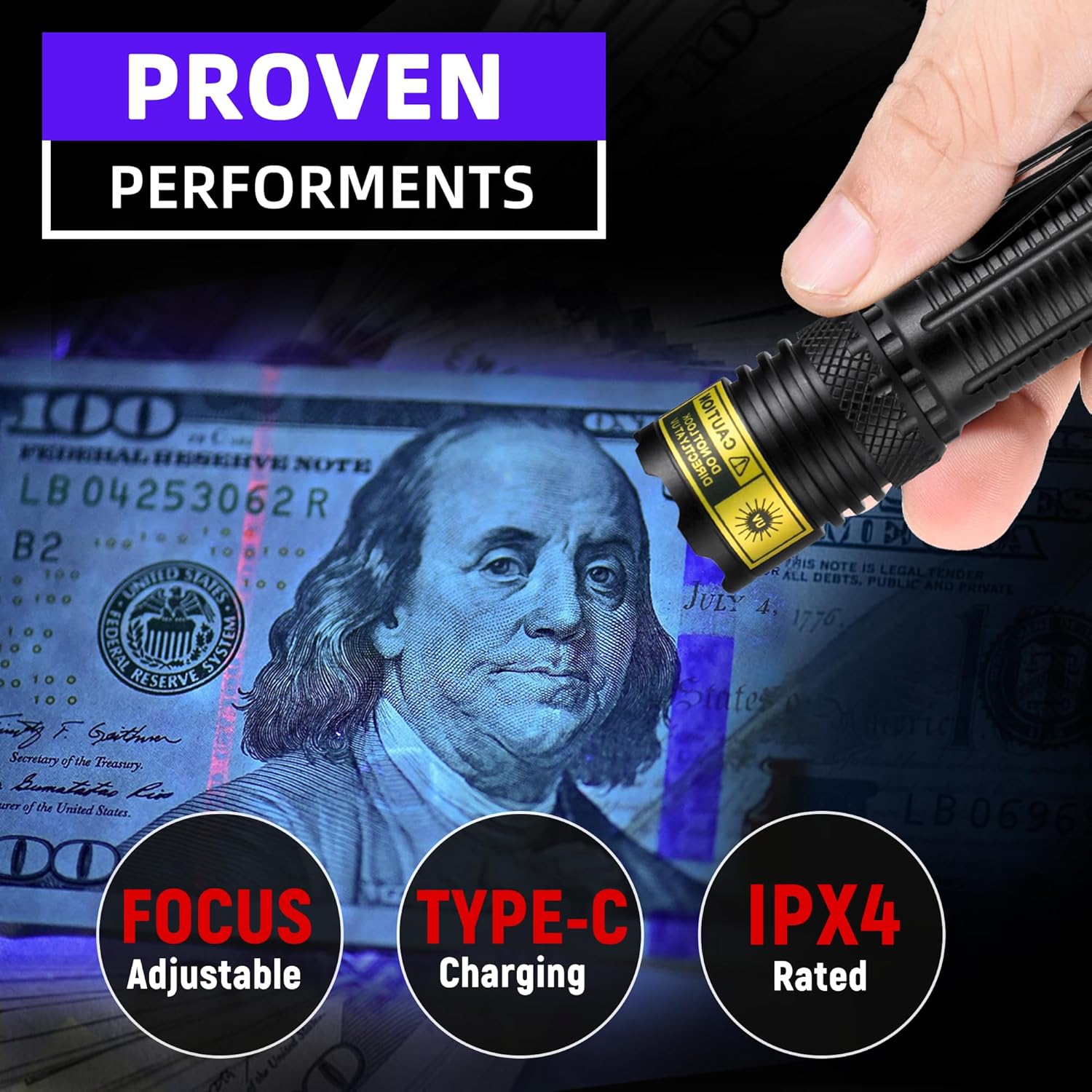 365nm UV Flashlight - 10W Professional Blacklight, USB-C Rechargeable | Detect Pet Stains, Counterfeit Money & Uranium Glass Like a Pro!