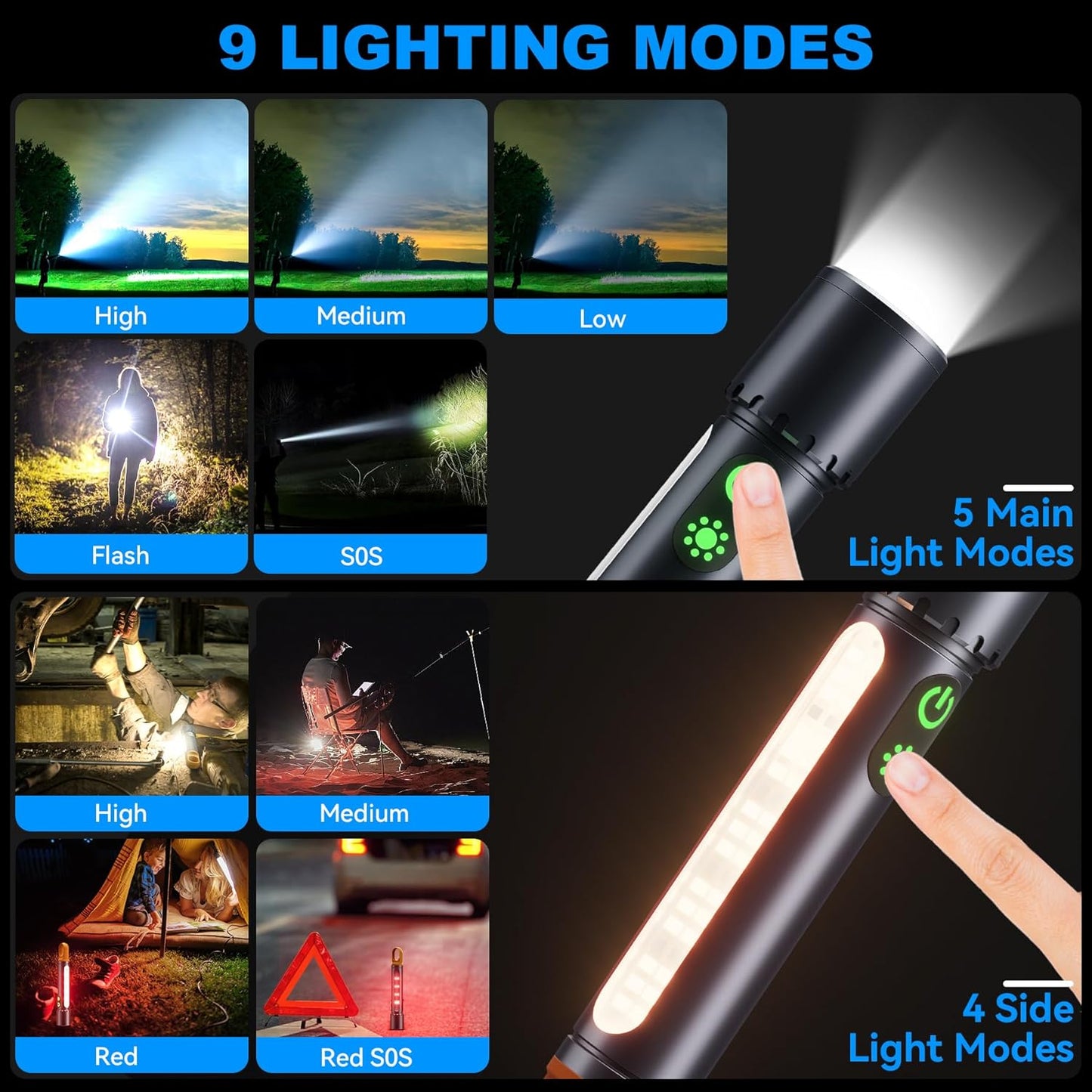 Magnetic Rechargeable Flashlight, 2000LM 5000mAh, 9 Modes, Waterproof