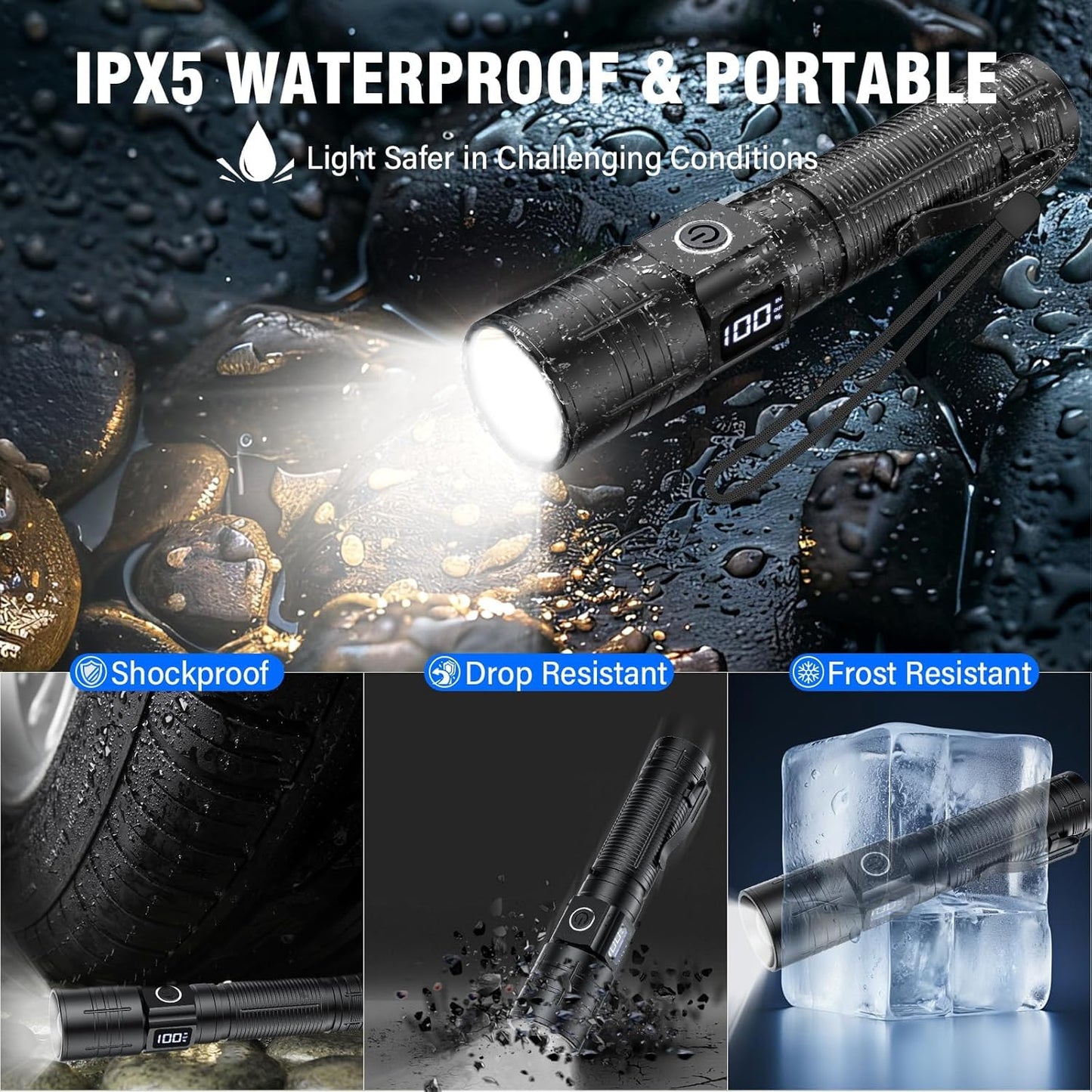 1000 Lumen Tactical Flashlight - USB-C Rechargeable, 6 Modes & 500m Beam | Zoomable, Waterproof & Turbo Mode for Emergencies