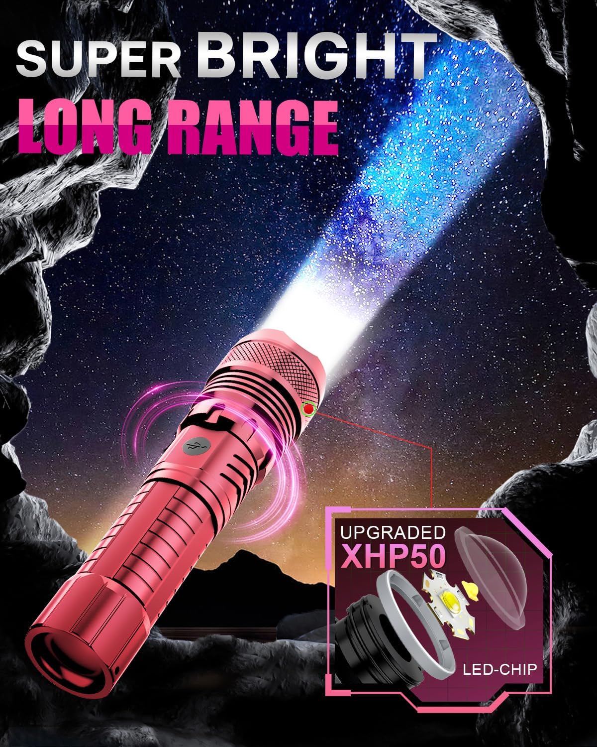 Color Tactical Flashlight - Rechargeable, Zoomable, 5 Modes, USA Stock