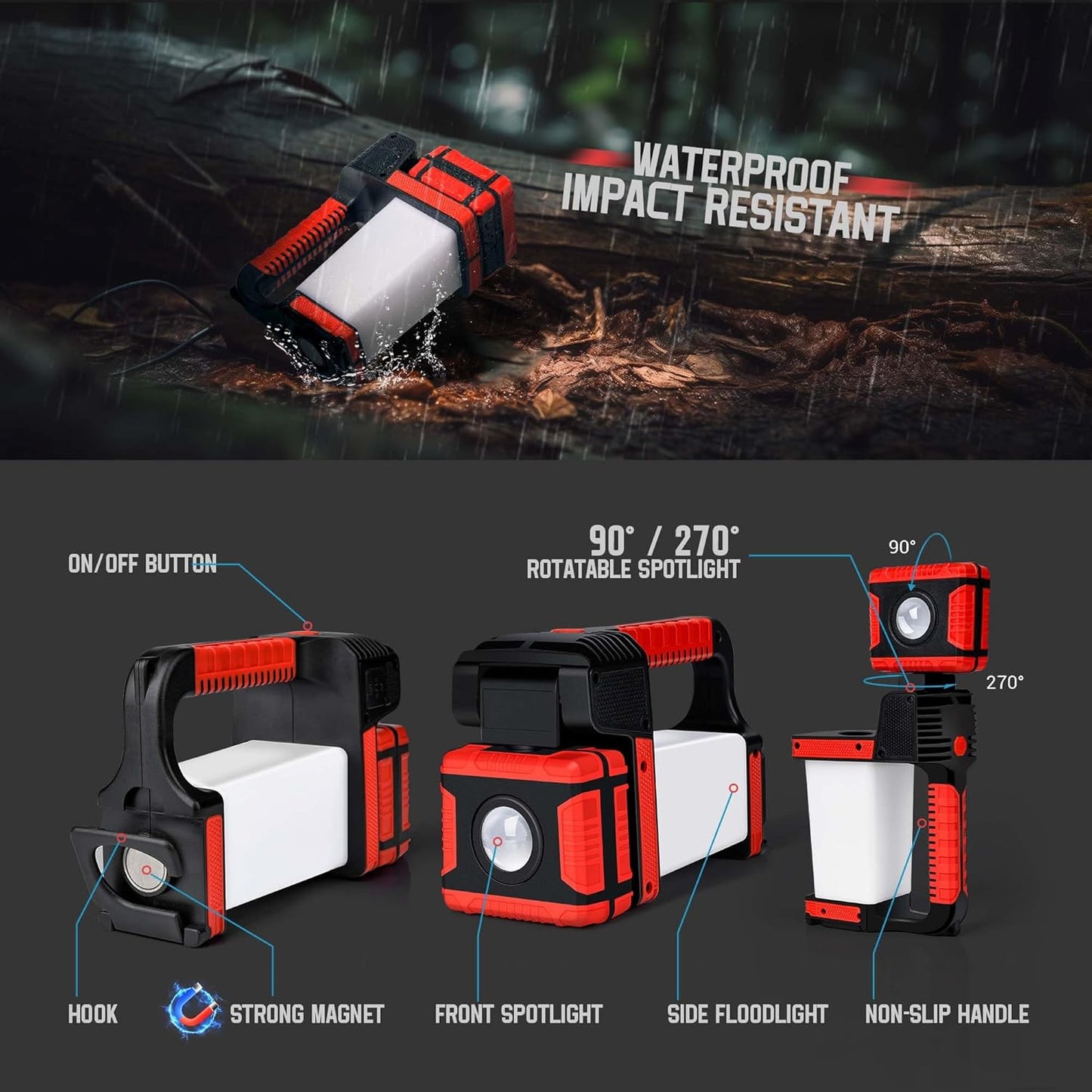 2000LM Rotatable Spotlight Flashlight – 270° Hands-Free Magnet/Hook! 5-in-1 Camping Light, Work Light & Phone Charger for Emergencies (Ideal Gift!)