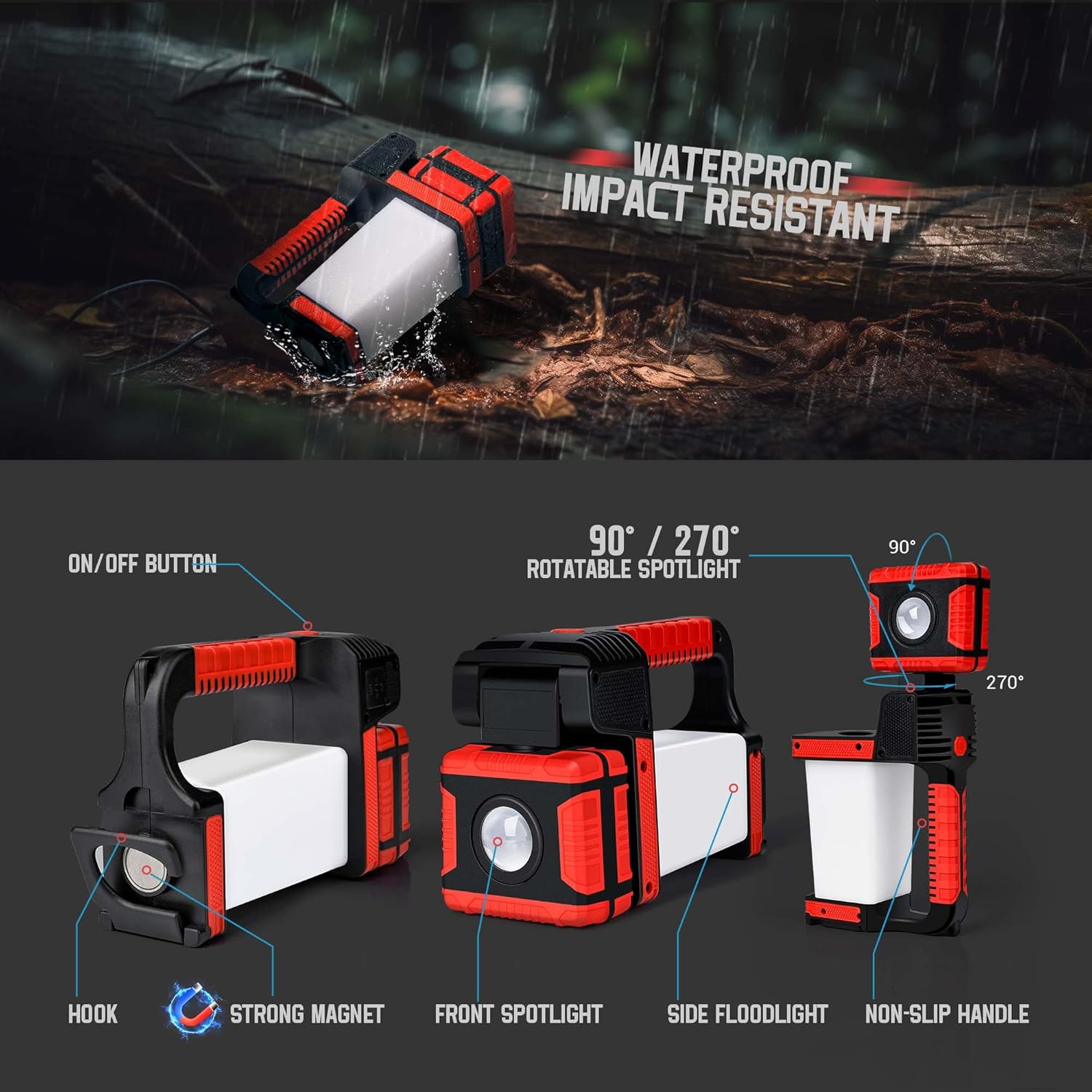 2000LM Rotatable Spotlight Flashlight – 270° Hands-Free Magnet/Hook! 5-in-1 Camping Light, Work Light & Phone Charger for Emergencies (Ideal Gift!)