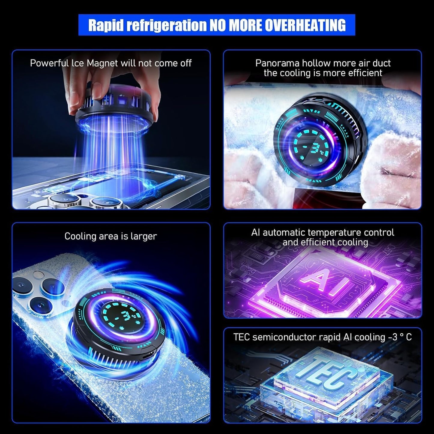 Phone Cooler with LED Temp Display - 15W Semiconductor Gaming Fan