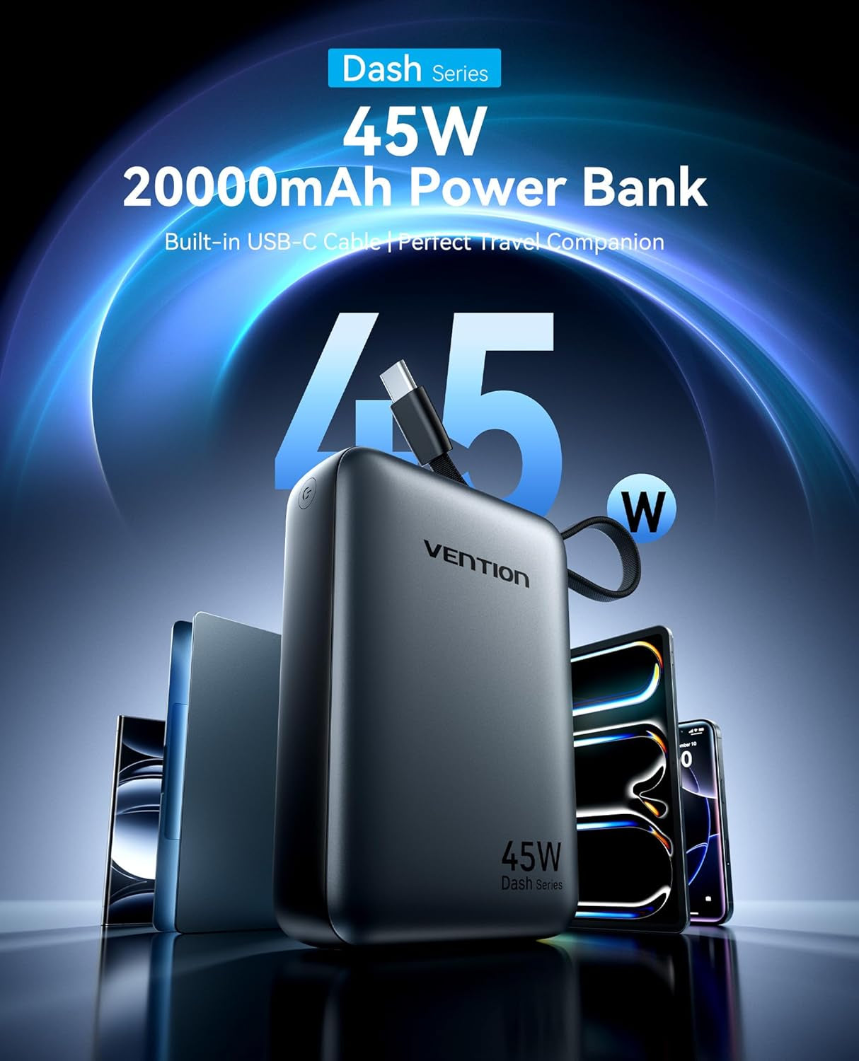 VENTION 45W Power Bank 20000 w/ Built-in Cable - Fast Portable Charger