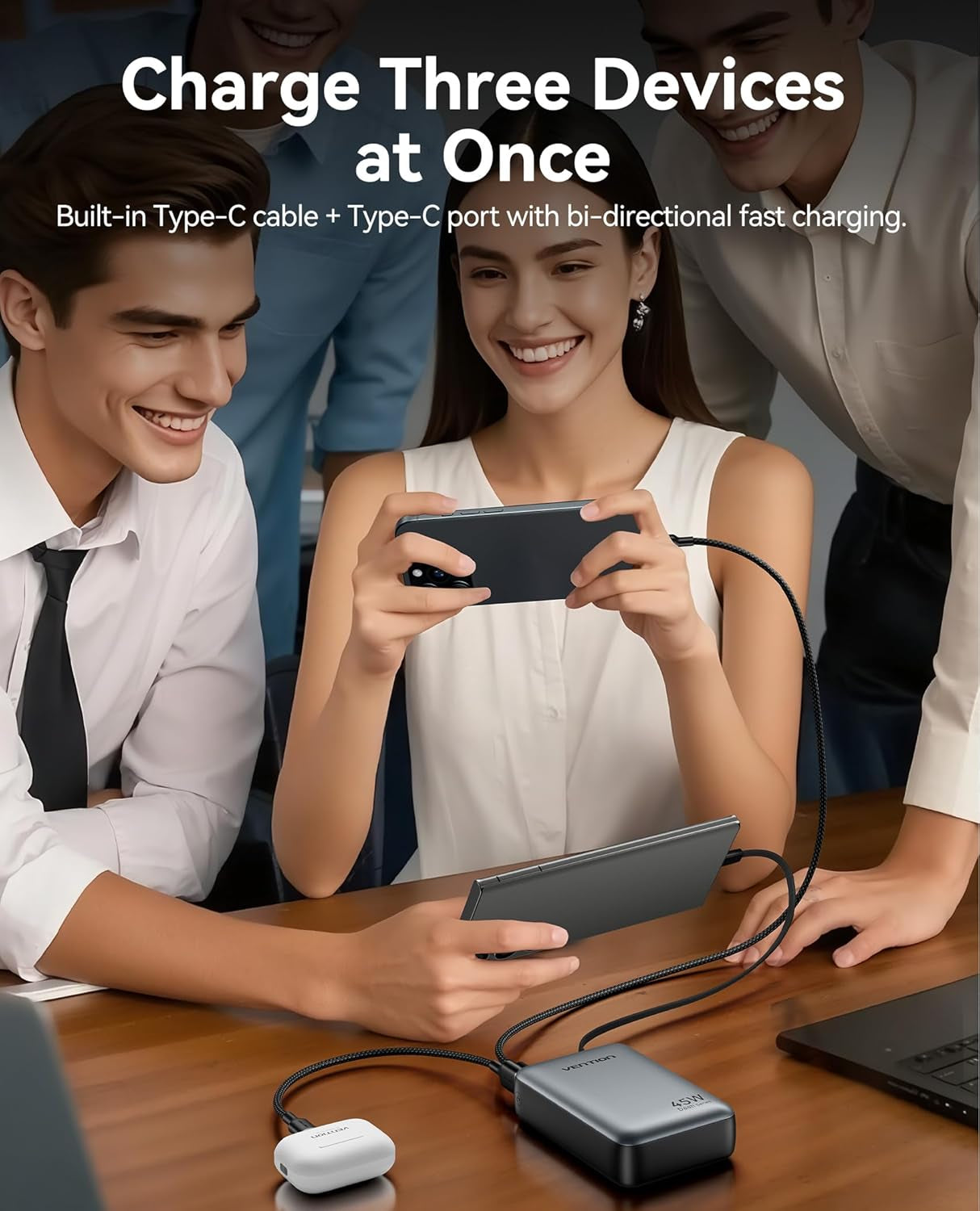 VENTION 45W Power Bank 20000 w/ Built-in Cable - Fast Portable Charger