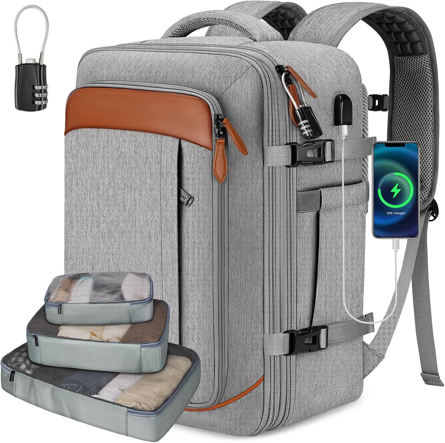 40L Expandable Carry-On Backpack w/ 3 Packing Cubes - Flight Approved, Anti-Theft