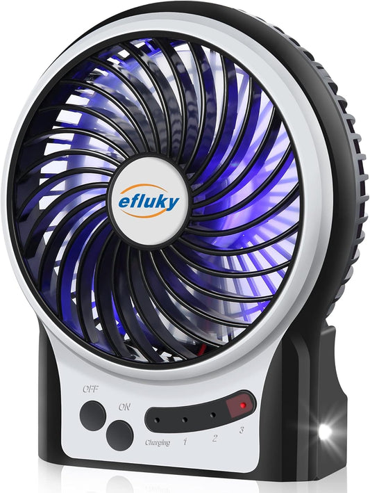 Mini Desk Fan with LED Light & Flashlight – 3-Speed USB Rechargeable, Ultra-Quiet Portable Fan for Office, Travel, Camping – 4.9 Inch (Black, Blue, Pink, White) – Cool Anywhere!