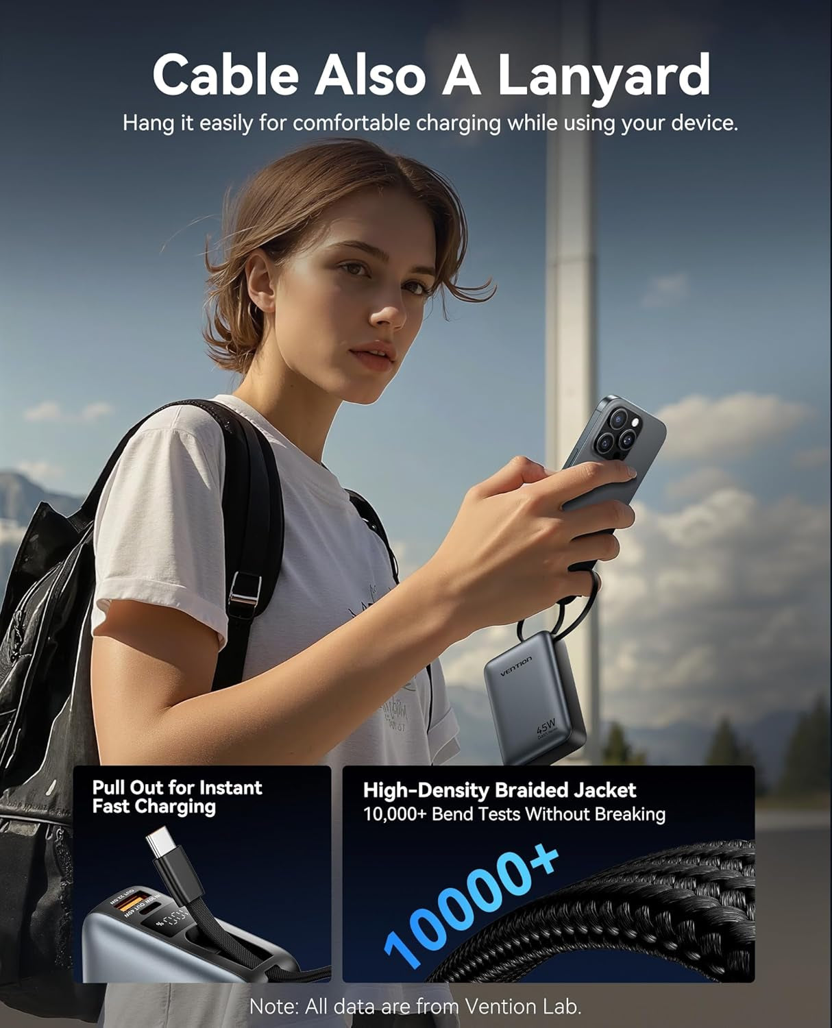 VENTION 45W Power Bank 20000 w/ Built-in Cable - Fast Portable Charger