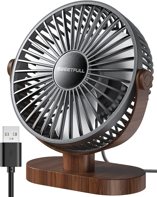 Eco-Friendly 6.5" USB Desk Fan – 3-Speed Super Quiet, 360° Adjustable, Sustainable Wood Grain Design – Perfect for Office, Travel & Home (Black/White)